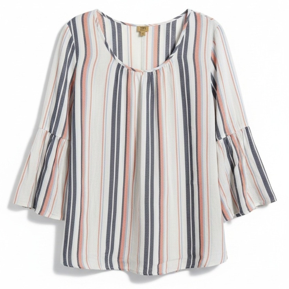 True Craft Striped Bell Sleeve Scoop Neck Blouse, Blue Orange White,‎ Women's 0X